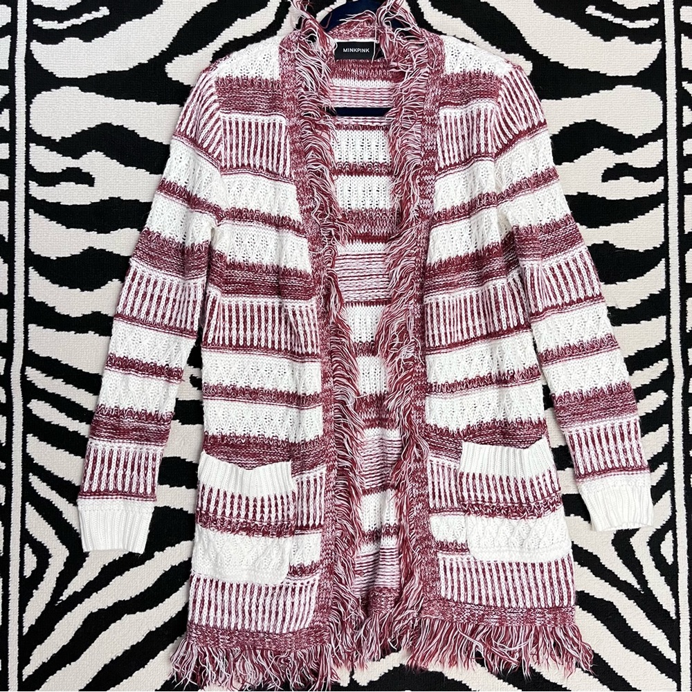 MinkPink Fringed Longline Open Front Sweater Cardigan Boho Western Size Small
